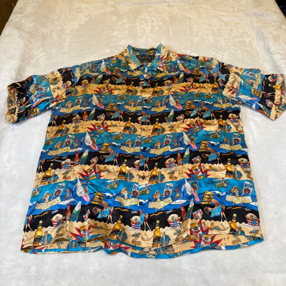 Nicole Miller Mens Silk Surf Summer Beer Novelty Print Shirt XL Miller Lite 90s